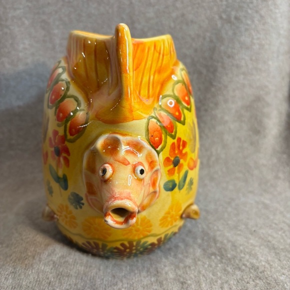 Hand Painted Colorful Floral Fish Shaped Ceramic Art Pitcher Vase Made in Italy - Picture 5 of 9
